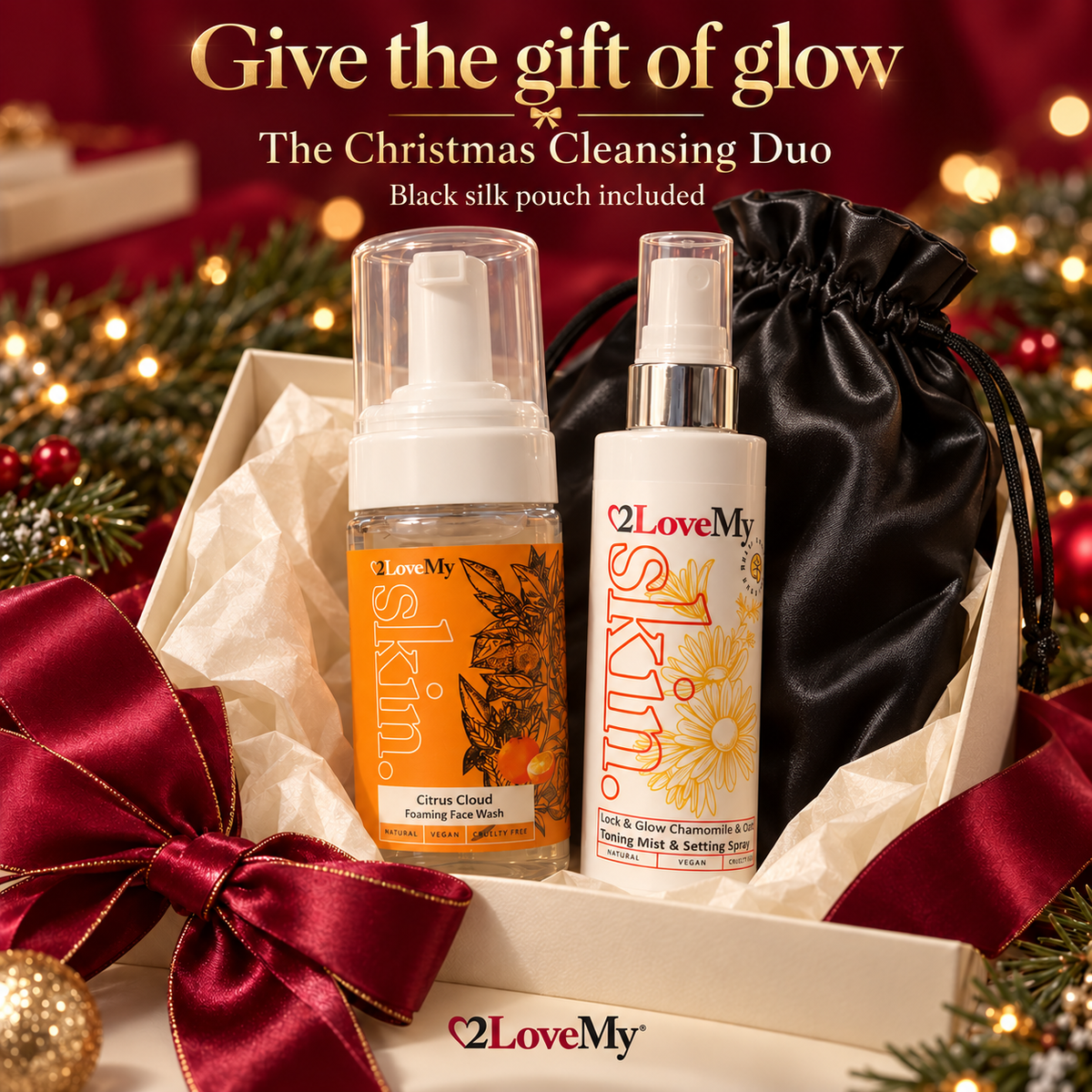 Cleanse. Refresh. Glow. ✨Your Christmas skincare duo, complete with a black silk pouch.